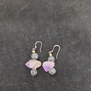 Purple Amethyst and Black Lava Stone Drop Earrings